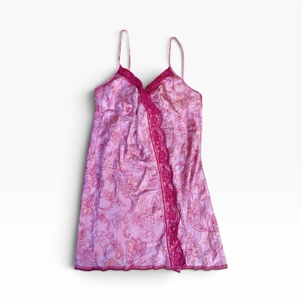 Vtg Victoria’s Secret Pink Paisley Satin Chemise Slip Dress Nightgown Lace M